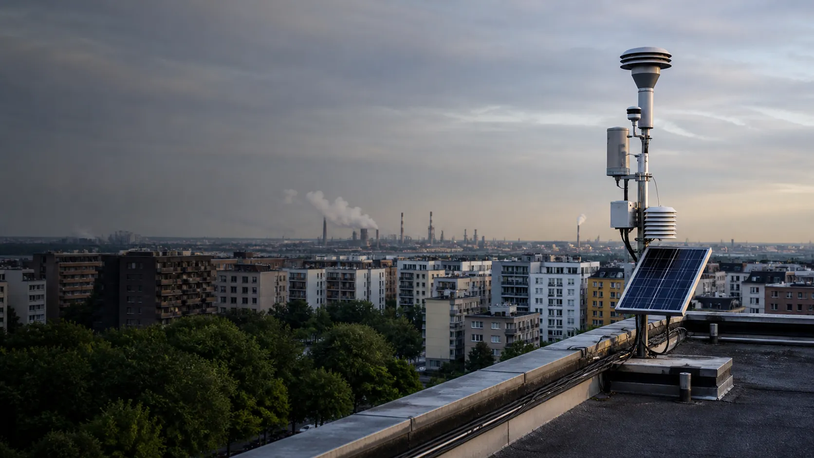 Environmental monitoring station overlooking a modern city